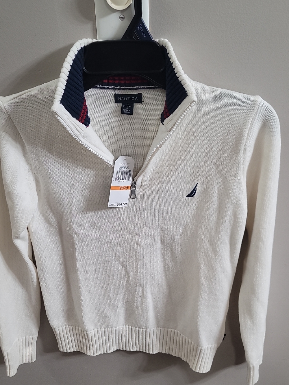 Nautica Cream Quarter-Zip Sweater with Navy Trim